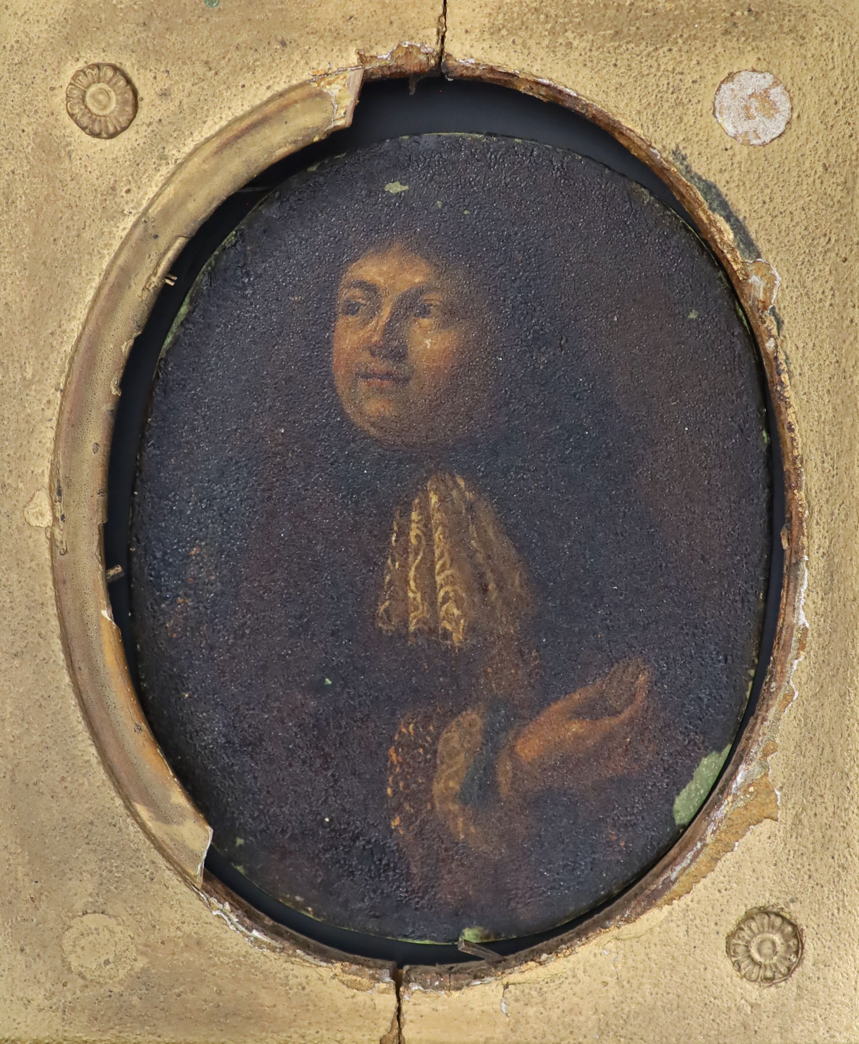 18th century English School, Portrait of a gentleman wearing a lace cravat, Oil on bronze panel, 16 x 12.5cm.